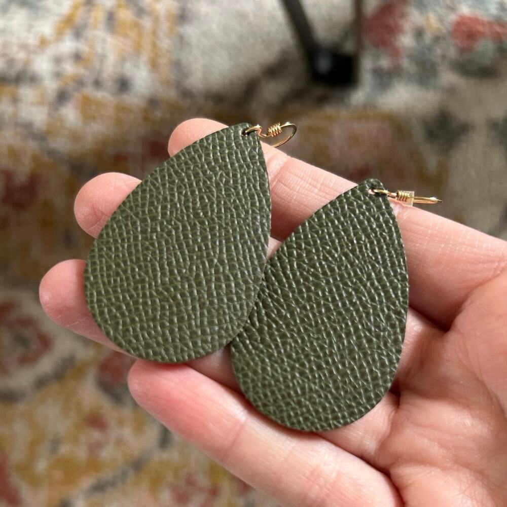 Nickel & Suede Desert Green Small Teardrop Leather Earrings Light Weight Texture